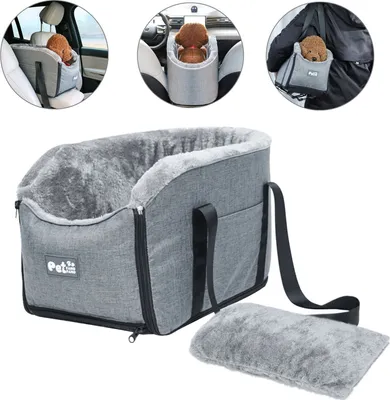 A collage of images showing a dog car seat in different contexts, including inside a car and being carried.