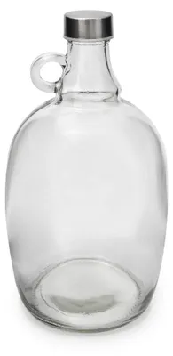 A clear glass jug with a silver metal lid and a handle.
