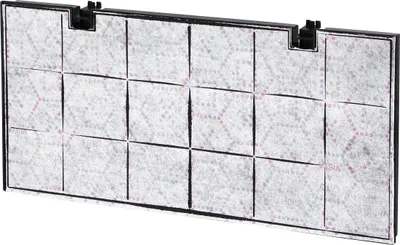 A close-up view of a rectangular air filter with a black frame and a white filter material divided into squares.