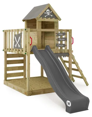 Image de Maisonnette en bois Wickey Smart Life avec toboggan et bac à sable, couleur anthracite