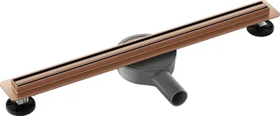 A shower drain with a copper-colored grate and a gray siphon.