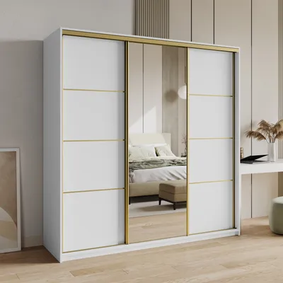 Produktbild von Masseno Schiebetürenschrank VARO 200/205/60 cm Kleiderschrank mit Schubladen Schlafzimmer Schrank 3-türig mit Spiegel Weiß + Gold