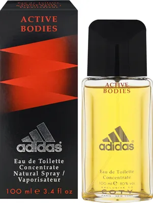 A bottle of Adidas Active Bodies Eau de Toilette and its packaging are shown side-by-side against a white background.