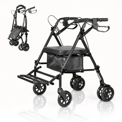 Produktbild von 2-in-1 Rollator fš¹r Senioren mit Sitz und Fu?pedal, leichter Rollstuhl, faltbar, mit h?henverstellbarem Sitz