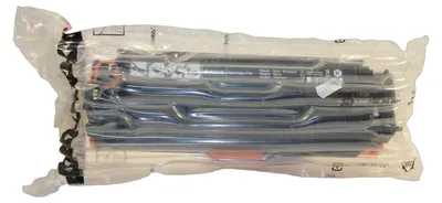 A toner cartridge is sealed in a clear plastic bag with air cushioning.