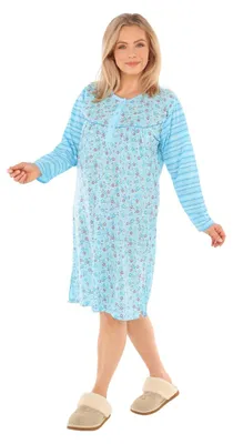 Produktbild von Nachthemd Damen langer Arm gestreift Nachtgewand Schlafhemd Nachtwäsche, Größe:XXXL, Farbe:Türkis