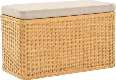 A rectangular wicker storage bench with a padded top.
