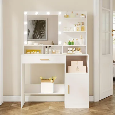 Image de Coiffeuse blanche avec miroir, dix lampes LED, des compartiments de rangement et un tiroir