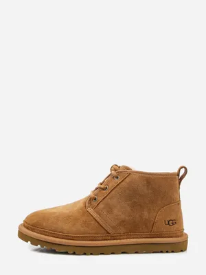 A side view of a single brown Ugg boot against a white background.