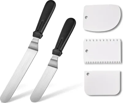 Produktbild von Winkelpalette Torte Set, 2 Stück Edelstahl Streichpaletten Verdicktes Tortenspachtel Glasurspatel mit 3 Stück Kuchenglätter-Schaber für Einstreichen Tortendeko Backen