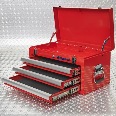 Produktbild von Datona - Rote Werkzeugkiste leer groß - Werkzeugbox mit 3 Vollauszug-Schubladen, abschließbarer Ablage, Antirutschmatten, vormontiert, 9,5 kg - Ablagefach 51x27,5x7,5 cm