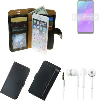 Produktbild von TOP SET Handy Hülle Schutz Hülle kompatibel mit Oppo Reno Lite  schwarz aus Kunstleder + Kopfhörer Smartphone Tasche vollwertige Geldbörse