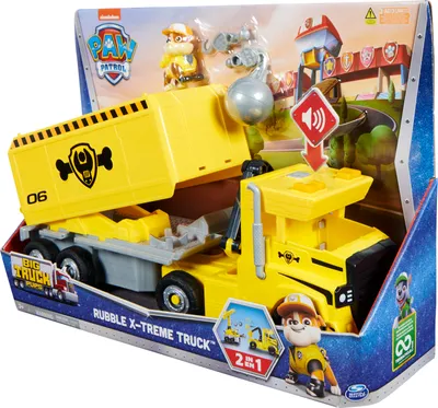 Produktbild von Spin Master Psi Patrol Rubble Spielzeug LKW 6064242 – Kunststoff Gelb mit Schwarz und Grau – Maße: L 40,5 cm, B 46 cm, T 13,3 cm – Verwandlung in 2 Fahrzeuge, Licht- und Soundeffekte, inkl. Figur – Rollenspiel, 2-teilig, mit Knickschaufel und Lagerschuppen