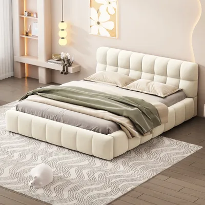 Produktbild von ProximaX Polsterbett 140 x 190 cm, Jugendbett, Doppelbett mit weicher Rückenlehne, Flachbett mit Polsterumrandung, Lattenrost Leinen beige