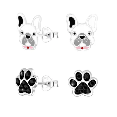 Produktbild von 2er Set Ohrringe Silber 925 Ohrstecker Bulldogge & Pfote