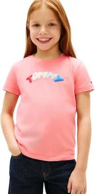 Zdjęcie produktu dla Koszulka dziewczęca Tommy Hilfiger, krótki rękaw, nadruk "Puff", bawełna, różowa (motyw tropikalny)