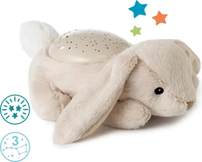 A plush bunny toy with a star projector on its back.