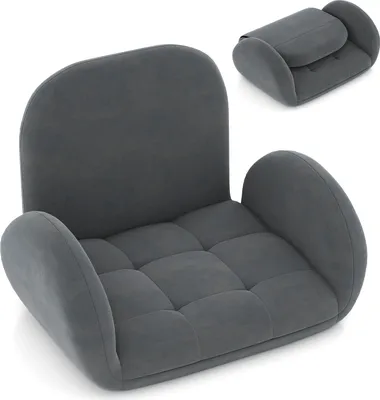 A gray floor chair is shown from a slightly elevated angle, with a smaller, folded version of the chair in the upper right corner.