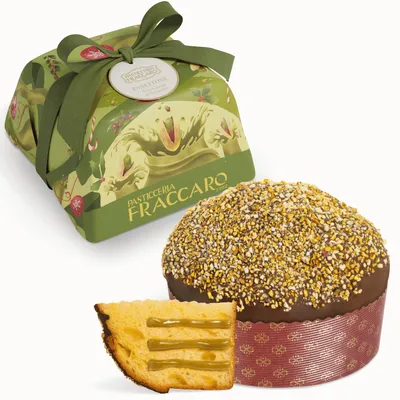 Produktbild von Pistazien-Panettone 750gr, Pasticceria Fraccaro 1932, gefüllt mit Pistaziencreme, Teig mit Mutterhefe, dunkle Schokolade und Pistazienkruste