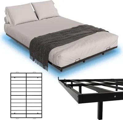 Produktbild von Juskys Palamos Metall-Schwebebett, 140x200 cm, Schwarz, mit Lattenrost und LED, pulverbeschichtet, verdeckte Stützen