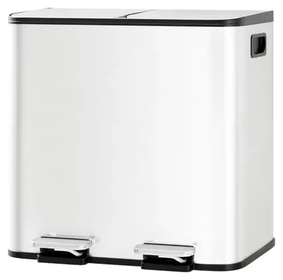 Image de Système de tri des déchets - Poubelle pour déchets de cuisine - 30 litres - 2 compartiments de 15 litres - Acier inoxydable - Couvercle à fermeture douce - Pédale - Blanc