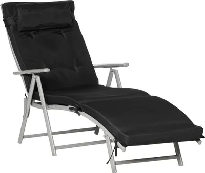 Zdjęcie produktu dla Składany leżak plażowy, 7-stopniowa regulacja, odporny na warunki atmosferyczne, z poduszką, z tkaniny Texteline, poliestru i metalu, 137 x 63,5 x 100,5 cm, czarny
