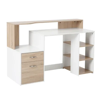 Image de HOMCOM Bureau informatique avec 2 tiroirs, bureau avec rangement, 137 x 55 x 92 cm, étagères ouvertes et tablette d'imprimante, style moderne, table d'ordinateur pour chambre, studio, chêne
