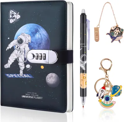 Produktbild von Tagebuch A5 mit Schloss, 240 Seiten, Kunstleder, Astronautenthema, Blau, für Kinder 7-15 Jahre