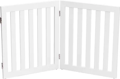 A white wooden pet or child gate with two panels.