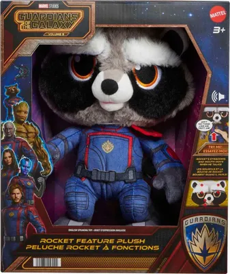 A plush toy of Rocket Raccoon from Guardians of the Galaxy, displayed in its retail packaging.