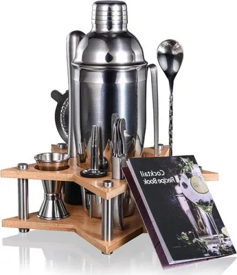 Produktbild von Famanu Cocktailset 12-teilig mit Bambusständer und Cocktailshaker - Edelstahl