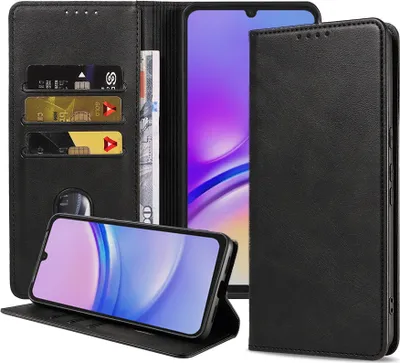 Zdjęcie produktu dla Etui na telefon Smartphonica odpowiednie dla Samsung Galaxy A15 Etui ze sztucznej skóry z magnetycznym zapięciem i kieszonkami na karty Etui książkowe z klapką - czarne