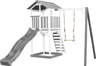 Produktbild von AXI Beach Tower Spielturm aus Holz in Weiß & Grau | Spielhaus für Kinder mit grauer Rutsche, Schaukel und Sandkasten | Stelzenhaus für den Garten