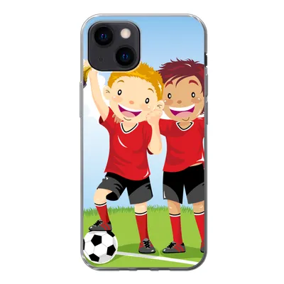 Produktbild von MuchoWow® Handyhülle Schutzhülle Hülle für iPhone 13 mini Eine Illustration von zwei Fußballspielern, die einen Preis gewonnen haben - Jungen - Mädchen - Kind Silikon Softcase Handy Hülle - Softcase