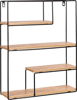 A wall-mounted shelf unit with wooden shelves and a black metal frame.