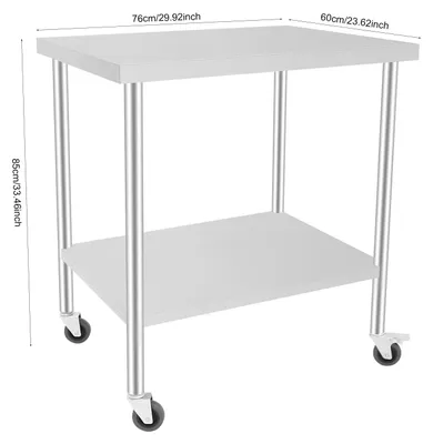Produktbild von Küchenarbeitstisch - 2 Ebenen - Edelstahl 201 - Feststellrollen - 76 x 60 x 85 cm - Traglast 300 kg - Poliert