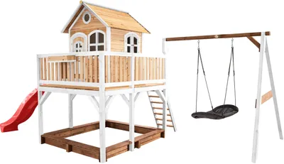 Produktbild von AXI Spielhaus Liam mit Sandkasten, Nestschaukel & roter Rutsche | Stelzenhaus XXL in Braun & Weiß aus Holz für Kinder | Spielturm mit Wellenrutsche & Schaukel für den Garten