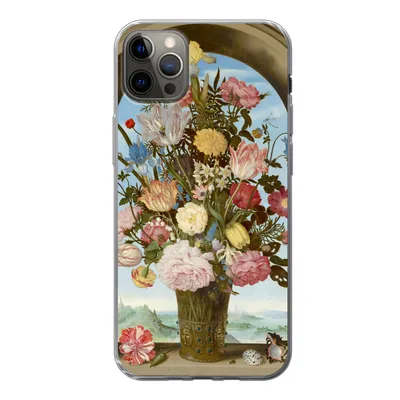 Produktbild von MuchoWow® Handyhülle Schutzhülle Hülle für iPhone 12 Pro Max Vase mit Blumen in einem Fenster - Gemälde von Ambrosius Bosschaert dem Älteren Silikon Softcase Handy Hülle - Hartschale