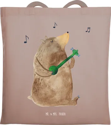 Produktbild von Mr. & Mrs. Panda Tote Bag Bär Gitarre - Braun Pastell - Geschenk, Jutebeutel, Teddy, Tasche, dokumententasche, Laptoptasche, totebag