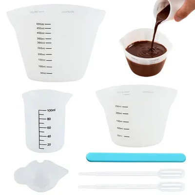 Productafbeelding van Siliconen maatbekerset, 7-delig, voor epoxyhars, met roerder en druppelaar, inhoud: 10 ml - 500 ml