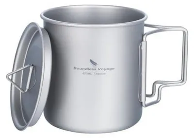 Produktbild von Titan Becher Camping Topf mit Deckel & Faltbarem Griff 420ml Leichte Outdoor Trinkgeschirr