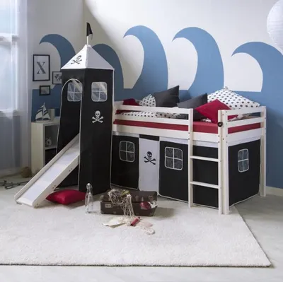 Produktbild von Homestyle4u Kinder Hochbett Mit Rutsche Leiter Turm Vorhang Pirat Schwarz Massivholz Kiefer Weiß