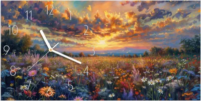 Produktbild von Wanduhr aus Glas mit Motiv Blumenwiese Sonnenuntergang- 60 x 30 cm - inkl. Aufhängesystem