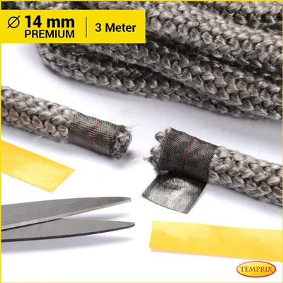 Zdjęcie produktu dla Temprix – uszczelka do kominków i pieców, Ø 14 mm, wersja Premium – 3 metry wraz z klejem | ognioodporny sznur do pieców, sznur do kominków i taśma uszczelniająca, odporna na temperaturę do 650°C | uszczelka do kominków, pieców i grillów