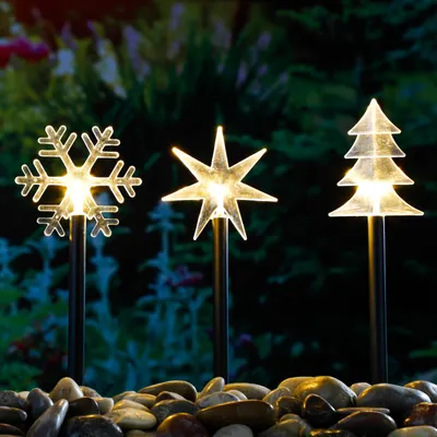 Obrázek produktu pro sada 3 LED zahradních zástrček hvězda jedle sněhová vločka teplá bílá venkovní HI 76488