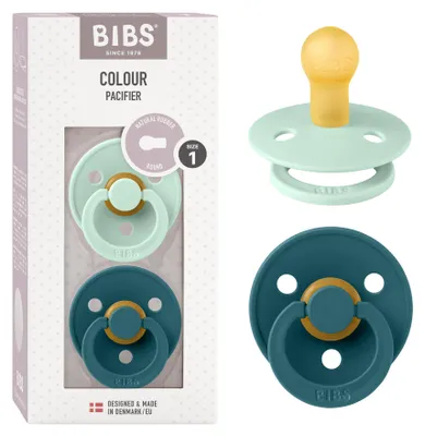 Zdjęcie produktu dla Smoczek BIBS, kolorowy, dla dzieci w wieku 0-6 miesięcy, zestaw 2 sztuk, okrągły, kolor: miętowy/leśny