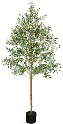 Immagine prodotto di Olivo artificiale da 210 cm - Grande pianta artificiale da interno - Foglie e olive realistiche - Vaso nero - Da appoggio - Verde oliva