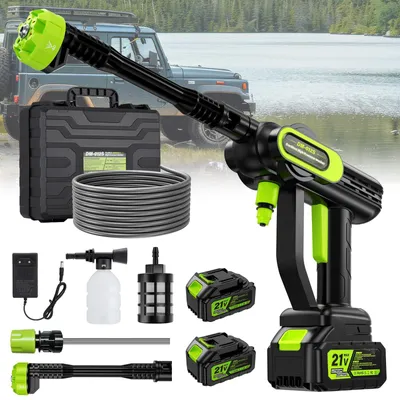 Produktbild von Akku Hochdruckreiniger, 21V Druckreiniger mit 2 Akkus, 6-in-1 Düse, 5M Schlauch, Schaumsprüher, Box, für Auto Garten Terrasse