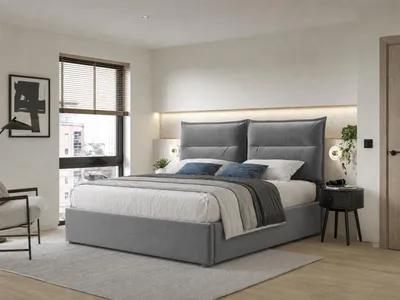 Immagine prodotto di Letto imbottito 140x200 cm con spazio contenitore a sollevamento idraulico, poggiatesta regolabile in altezza, rivestimento in velluto e rete a doghe pieghevole, colore grigio
