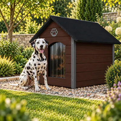 Produktbild von QLS Hundehütte 104x74 cm Größe XL isoliert aus Holz für draußen Braun-Anthrazit 9069, KI-generiertes Bild